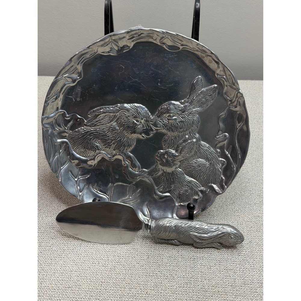 Arthur Court Bunny Rabbit Cheese Plate and Spreader Set Aluminum 2001 Easter